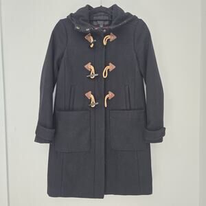 J.CREW Vintage Black Pea Coat Wool Blend, Hooded, Toggle Jacket, Size S, Lined